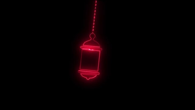 Red Neon Outline of an Islamic Lantern Hanging on a Black Background Ramadan lantern Eid lantern