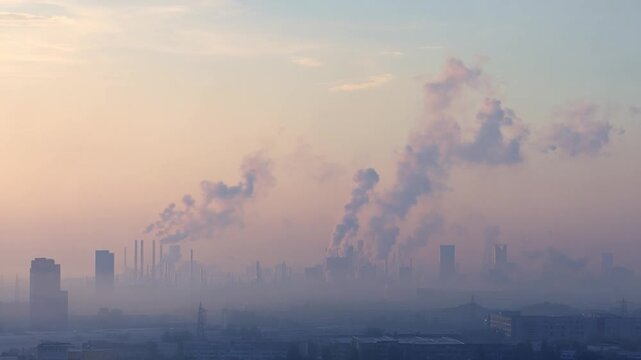 City Pollution: An image of a city skyline enveloped in a haze of pollution, with smoke billowing from industrial stacks.