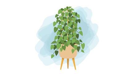 A vibrant philodendron plant in a terracotta pot stands against a soft blurred blue background © grvect02
