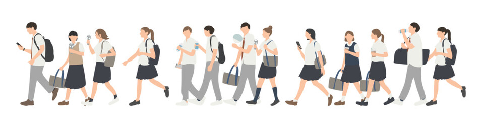 Fototapeta premium 夏の通学シーン 学生の歩く人イラストセット 半袖制服と暑さ対策