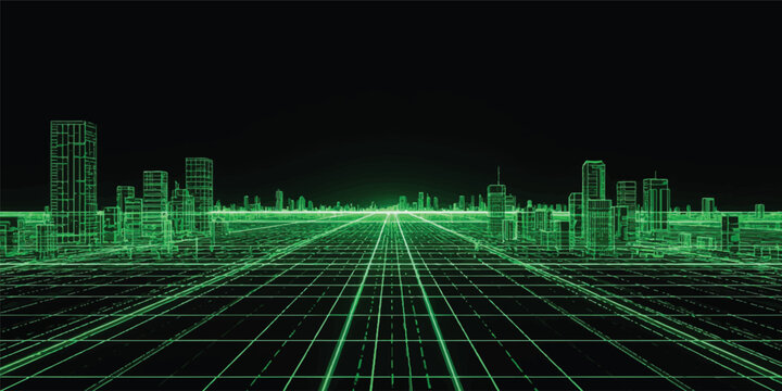 An abstract digital illustration of a blue and green binary code background featuring light patterns and a data communication network wave for a modern technology wallpaper