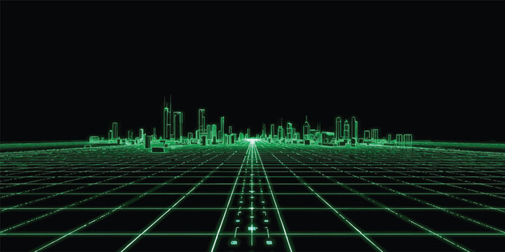 Abstract green digital equalizer wave pattern on a blue technology background with a medical heartbeat line graph and internet data network illustration for a business finance wallpaper design