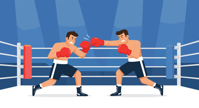 Two professional boxers wearing gloves and trunks are engaged in a fierce competition inside a boxing ring with a blue background.