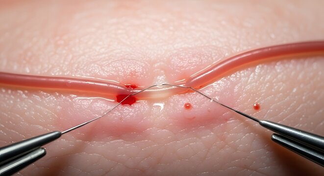 Vascular Surgery Close-Up &ndash; Surgeon Performing Microsurgical Suturing of Artery