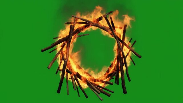Firefly A continuous, seamless loop animation of a fire ring burning brightly against a solid green 