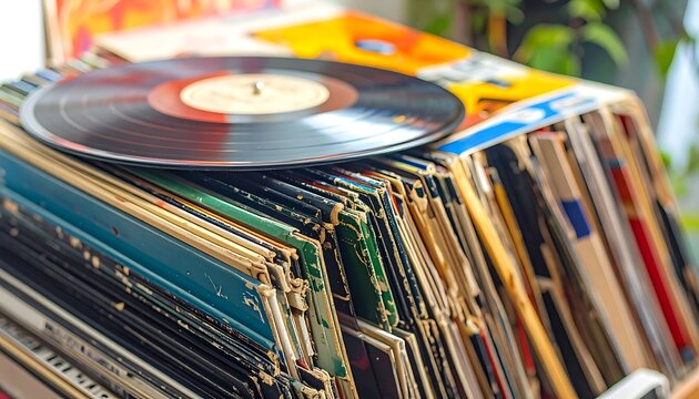 A stack of assorted vinyl records with one on top