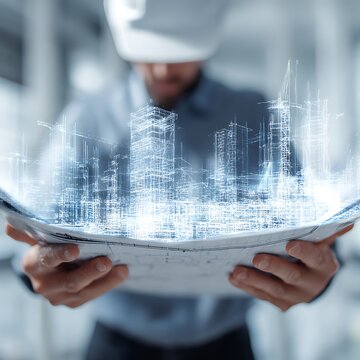 Architect holding a blueprint watches a glowing holographic model of a futuristic city skyline.