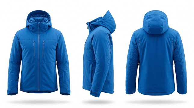 Blue hooded jacket mockup in three views.