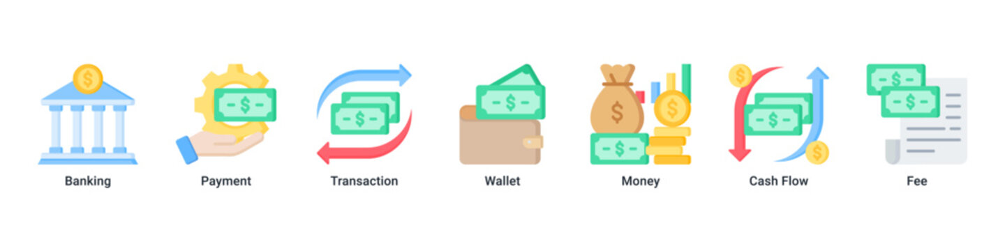 Banking System banner with banking,payment,transaction,wallet,money,cash flow and fee icons for fintech and digital finance concept