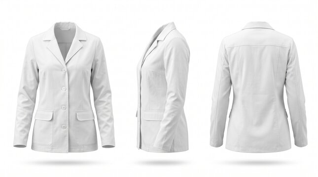 A clean white lab coat displayed from the front, side, and back views on a white background.