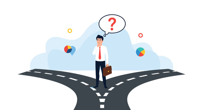 Confused businessman standing at crossroads with question mark bubble contemplating career path or financial decision between two roads.