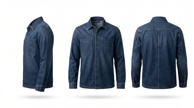 Three views of a classic blue denim shirt, front, side, and back, isolated on white background.