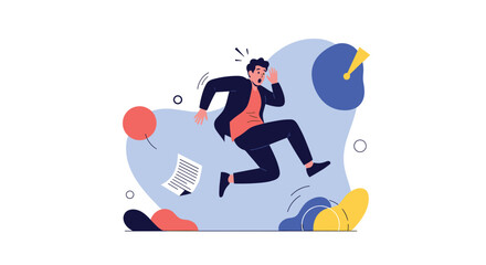 Obraz premium Stressed businessman character jumping in panic with flying papers representing work pressure or urgent deadline in creative abstract style.