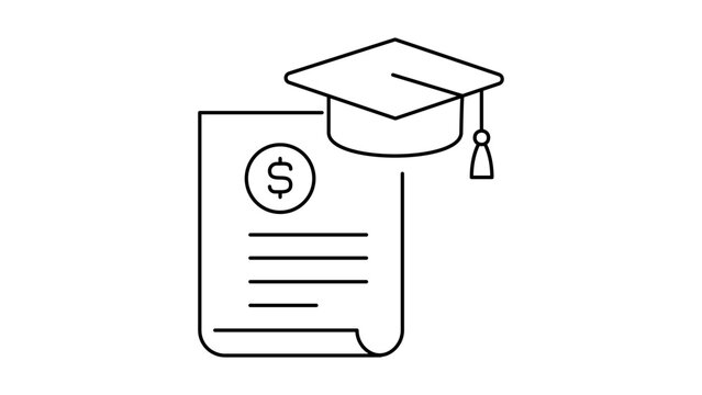 Student Loan and Education Cost Minimalist Black Line Vector Icon with Editable Stroke; Featuring a Graduation Cap on a Financial Document with a Dollar Sign for Tuition and Scholarship Concepts