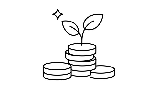Sustainability Finance and Green Investment Concept: A Minimalist Black Line Vector Icon of a Sprout Growing from a Stack of Coins with Editable Stroke on a White Background for Business.
