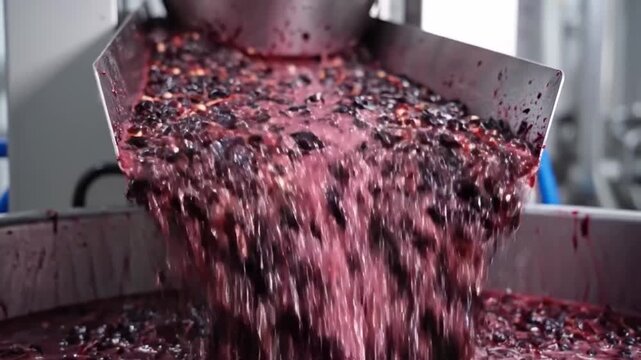 Closeup Grape Pomace Pouring From Conveyor Into Vat, Stainless Equipment Splashing Purple Pulp, Dynamic Motion Captures Crushing And Destemming Process, Modern Winery Production Atmosphere, Oenologist