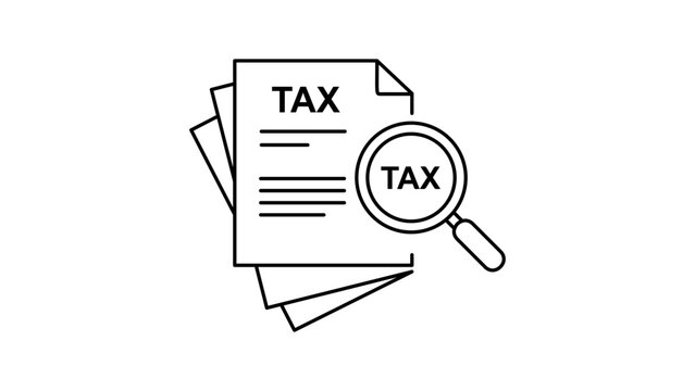 Tax Audit and Financial Document Review Editable Stroke Vector Icon. Minimalist black line illustration of a magnifying glass inspecting tax papers on a white background. Scalable SVG graphic.
