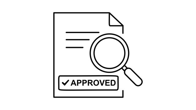 Underwriting and document review vector icon featuring a magnifying glass over an approved paper. Minimalist black line illustration with editable stroke for business, finance, and legal audit.