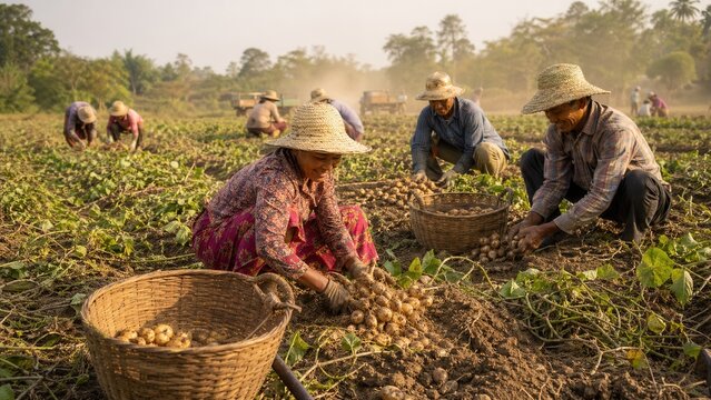  villagers harvesting crops together with simple tools and sun hats in dusty sunlight, teamwork and rural life