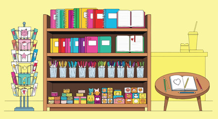 A colorful stationery store with books and supplies © Vitri