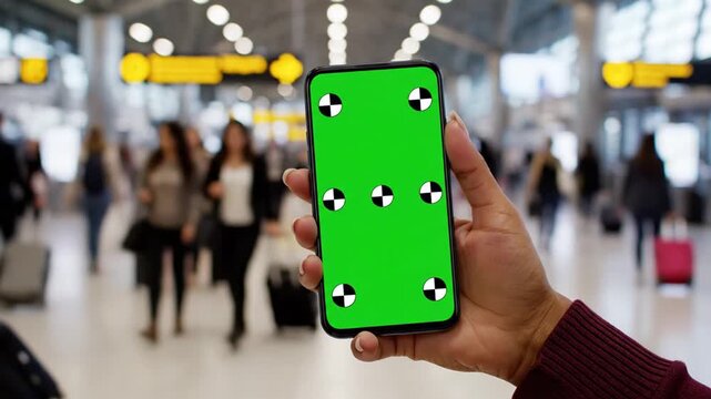 Person holding a smartphone with a green screen and tracking markers in a busy airport terminal