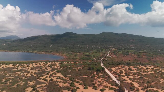 Wide Aerial Pan of Issos Beach Dunes and Korission Lagoon Landscape
