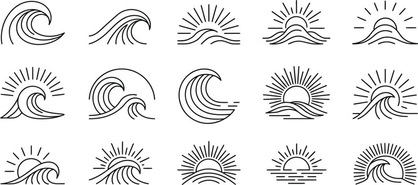 Minimalist wave and sun icons, black line art, 12 symbol set, vector graphics