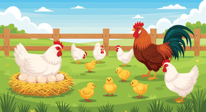 Vibrant farmyard scene with hens nesting on eggs, rooster standing guard, and many yellow chicks running on green grass field.