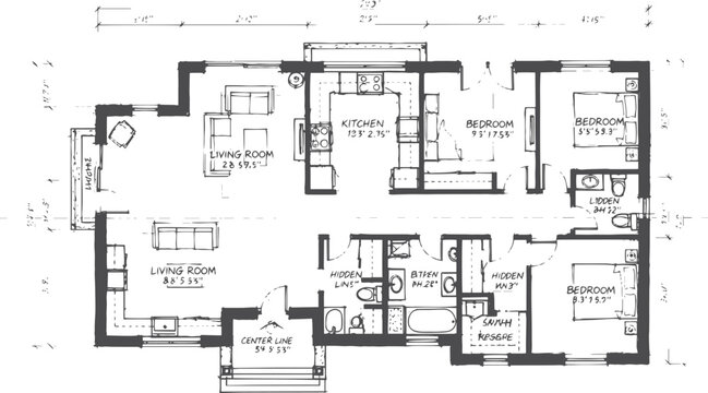 Hand-drawn floor plan of a house with rooms and dimensions