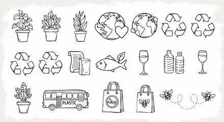 Obraz premium Hand drawn eco friendly icon set, black and white doodle environment symbols, 20 sustainable lifestyle vector elements for green branding