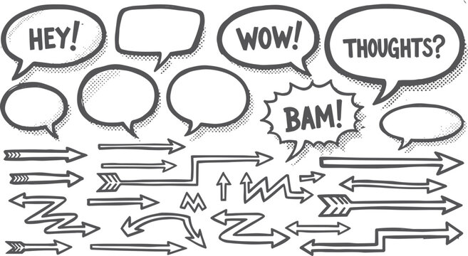 Hand drawn speech bubbles and arrows doodle collection