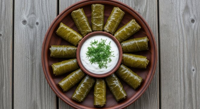 Traditional dolma stuffed grape leaves served on a clay plate with yogurt sauce