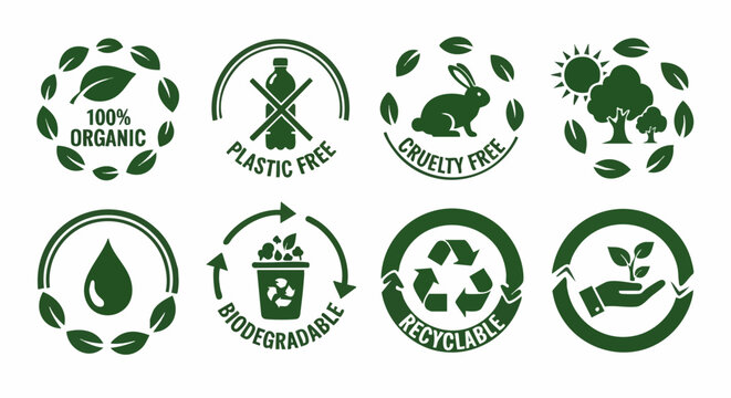 Eco friendly product labels and organic certification badges, green sustainability icons set, recyclable and biodegradable packaging vector symbols
