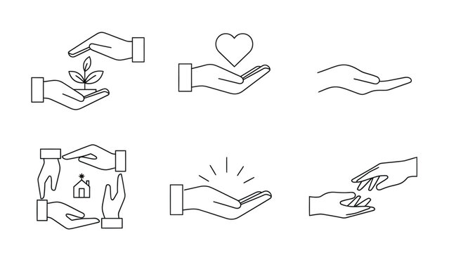 Set of line art icons representing care support and protection.