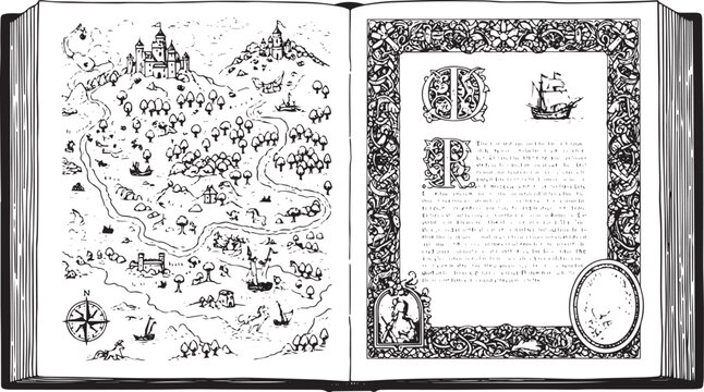 Open book with fantasy map and ornate text page