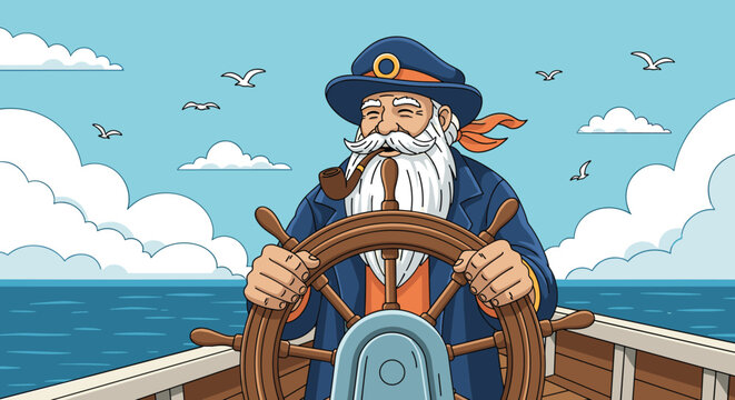Jolly ship captain with a long white beard and pipe steering a wooden wheel on a boat deck under a sunny sky with flying seagulls.
