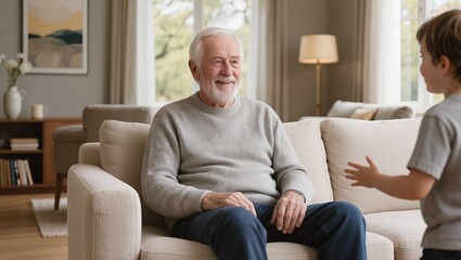 Obraz premium Smiling senior man talking with child at home