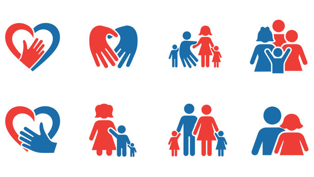 Set of eight colorful icons representing family, love, and community relationships.