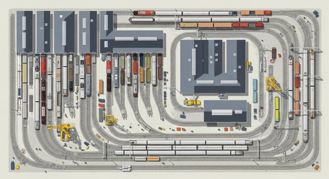 Model Train Layout with Multiple Tracks and Buildings.