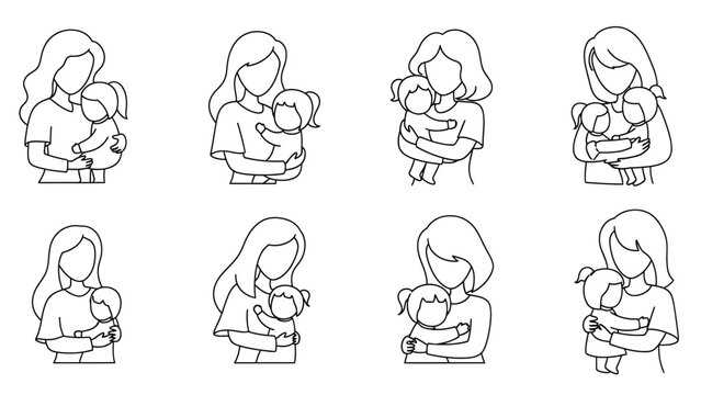 Line art illustrations of mothers holding babies in various poses.