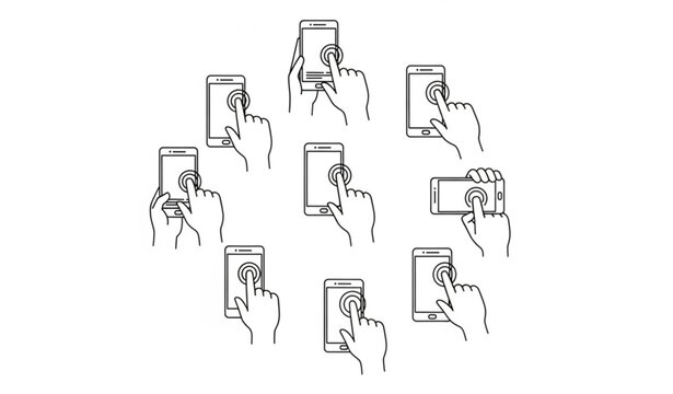Minimal line hands and smartphone gestures vector icon set touch swipe tap mobile interface outline collection