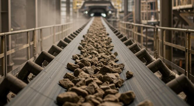 Crusher rocks moving on conveyor belt in industrial mining processing plant