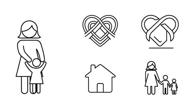 Set of outline family and home icons for social services.