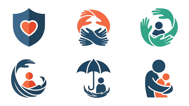 Family protection and care concept, abstract human figures with hands, shield, and umbrella, vector icons.