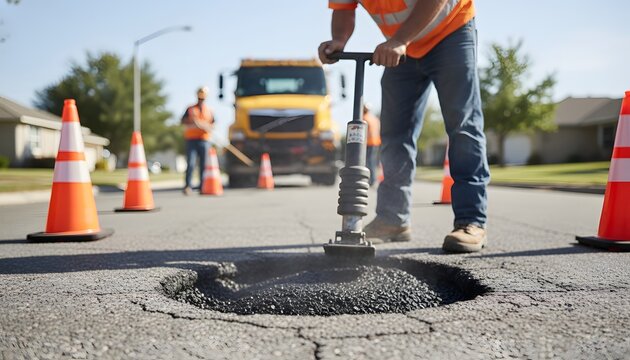 Road maintenance pothole repair workers fixing asphalt street with compactor for infrastructure improvement concept in residential neighborhood during sunny day