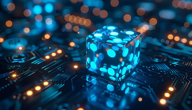 Glowing blue circuit board cube, futuristic technology background, electronic microchip, digital innovation concept