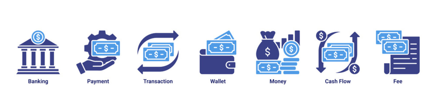 Banking System banner with banking,payment,transaction,wallet,money,cash flow and fee icons for fintech and digital finance concept
