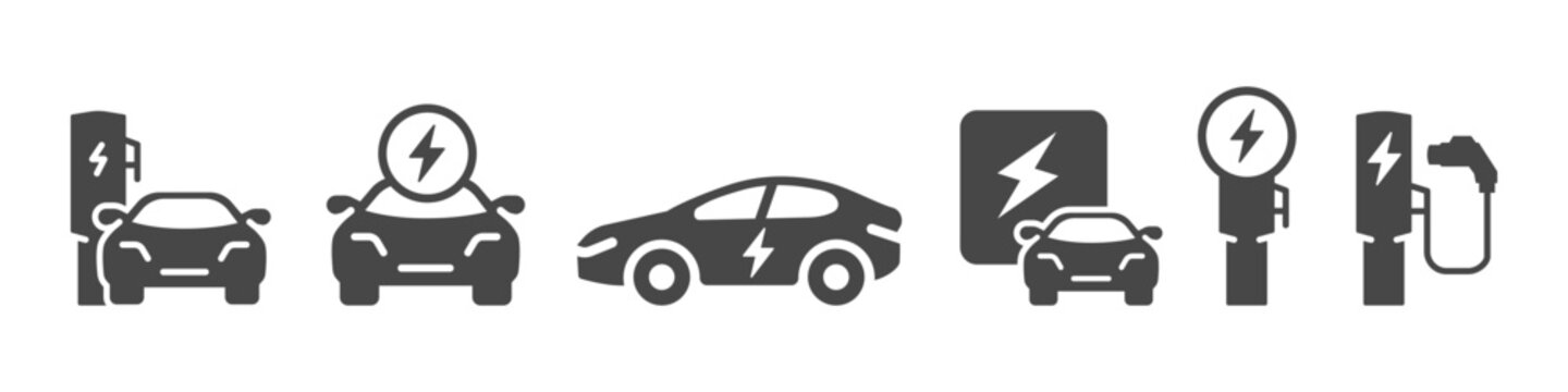 Electric Vehicle Car icon set. It includes EV car, charging station, ev charger and people.