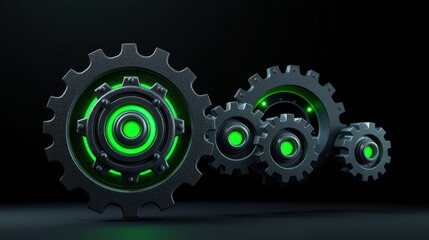 Naklejka premium Gears, metallic texture, glowing green centers. Complex machinery, interconnected systems, dark background, futuristic design.