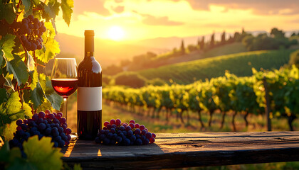 Naklejka premium Tuscany vineyard at golden hour featuring a rustic table with chianti wine and purple grapes in a romantic oil painting style generative AI